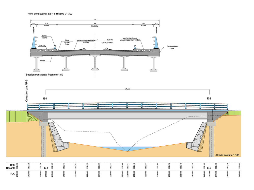 Perfil longitudinal sección transversal puente Río Linares